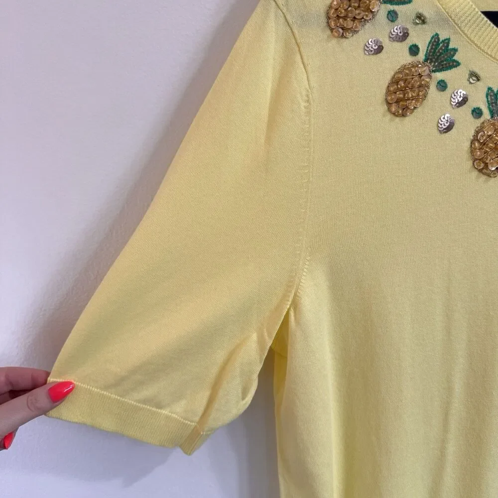Talbots Sweater XL Yellow Pineapples Sequins Cotton Knit Stretch Crewneck - Picture 4 of 8